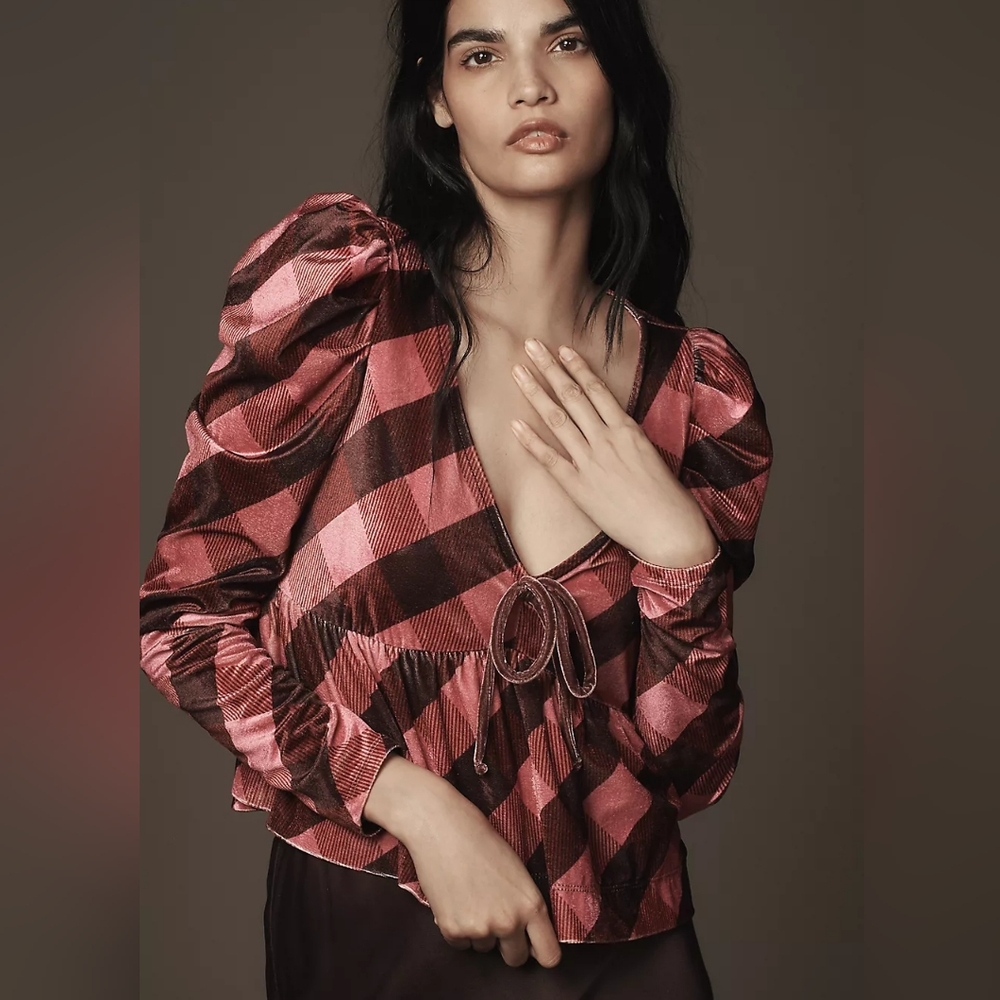 Anthropologie Maeve Velvet Babydoll Top Pink Small